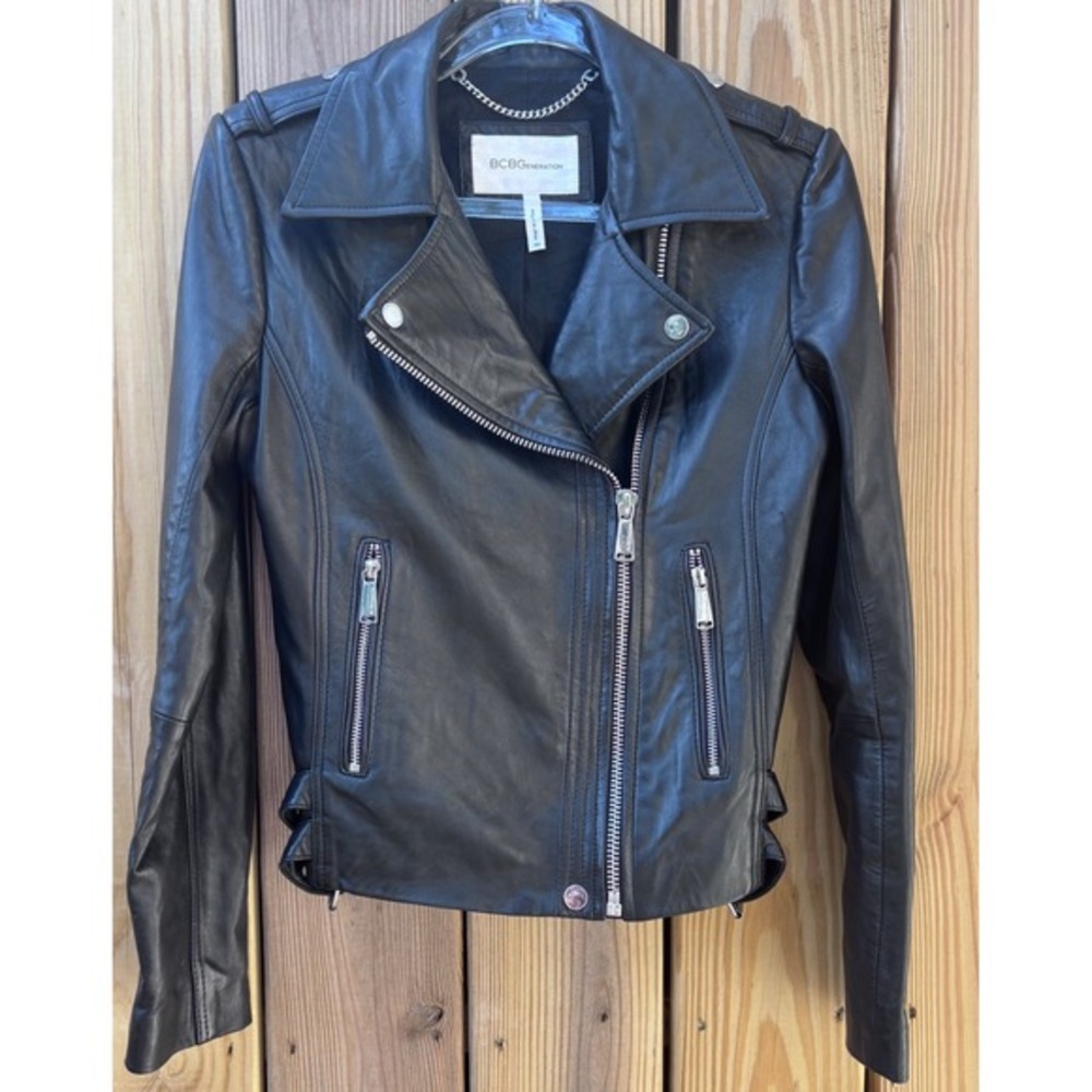 BCBGeneration Black Leather Moto‎ Jacket Women's XS Asymmetrical Zip BUTTER SOFT